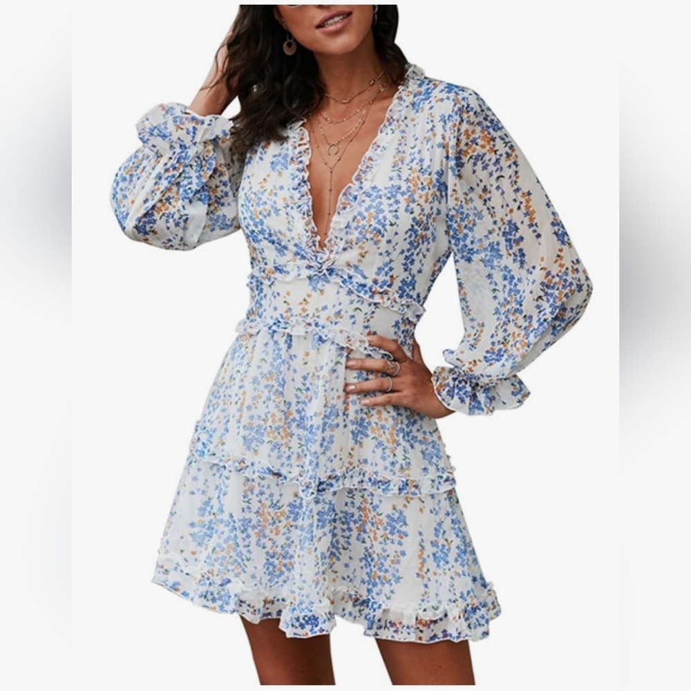 Sold In Live Show- Floral Blue and White Ruffle V' Neck Women's Backless Dress - Picture 1 of 5